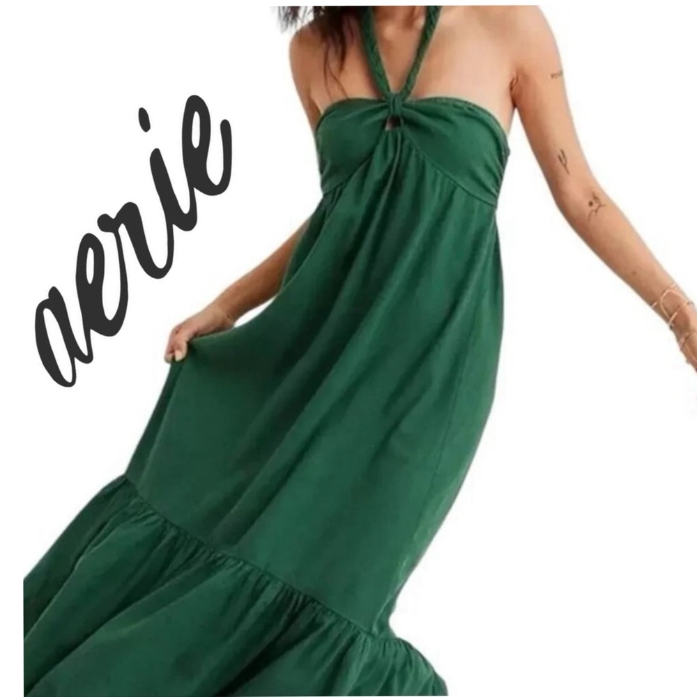 Aerie Linen High Low Halter Maxi Sundress Size Large